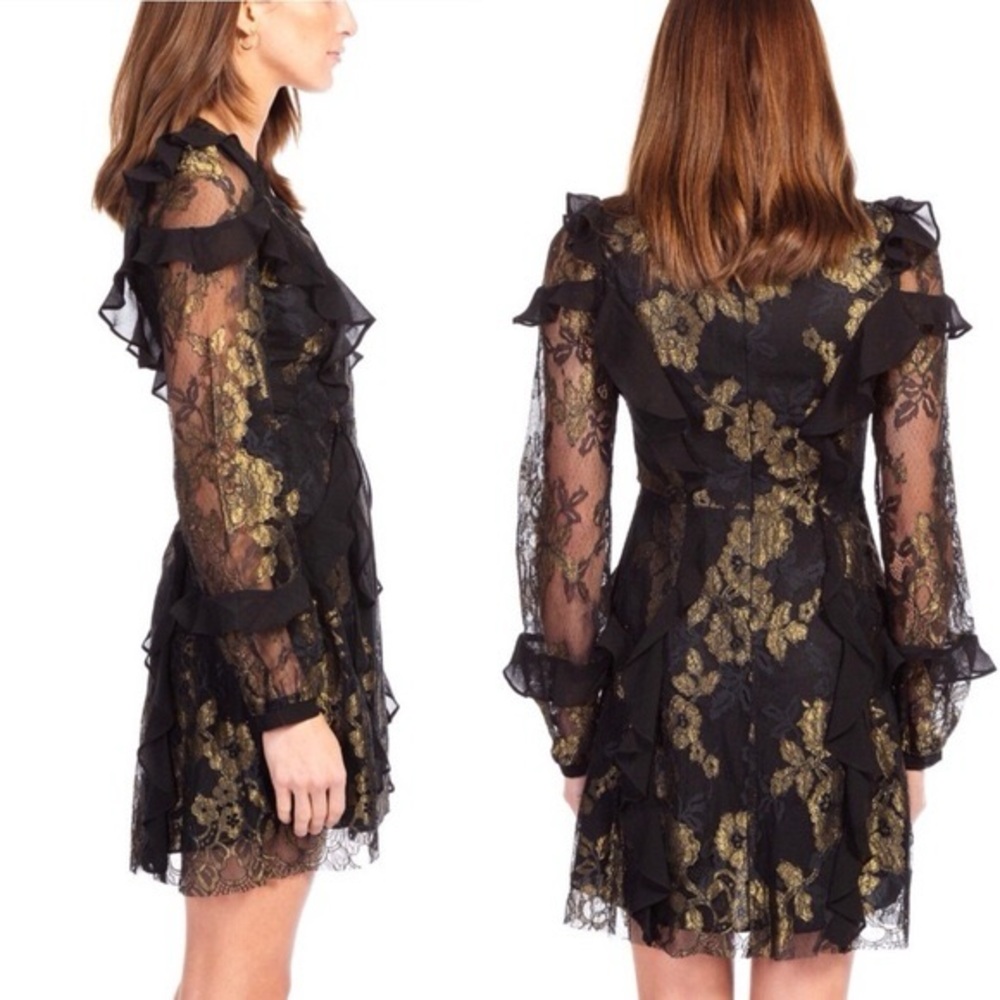 For Love & Lemons Dottie Lace Long Sleeve Mini Dress Gold Metallic Black S